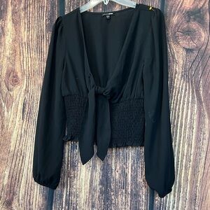 Black Long Sleeve Tie-Front Top